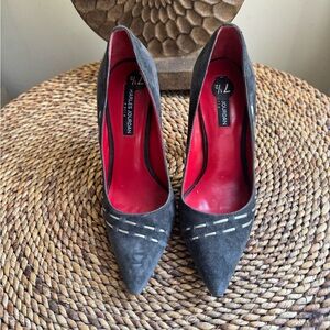 Charles Jourdan Black Suede Pointed Toe Pumps with Red Lining